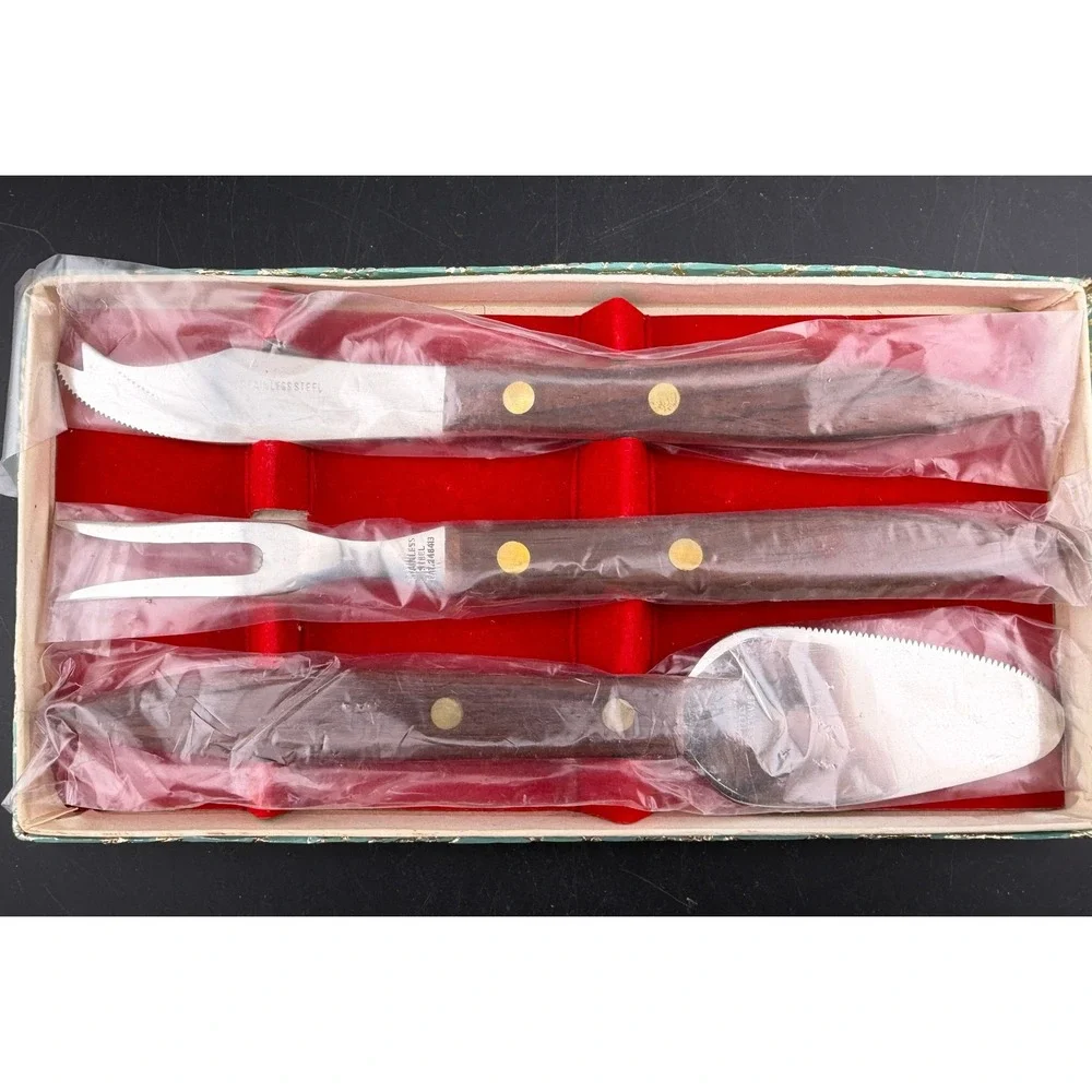 Vintage Stainless Steel 3pc Serving Set-Wood Handle, Cheese Pie Fork, Japan, NIB
